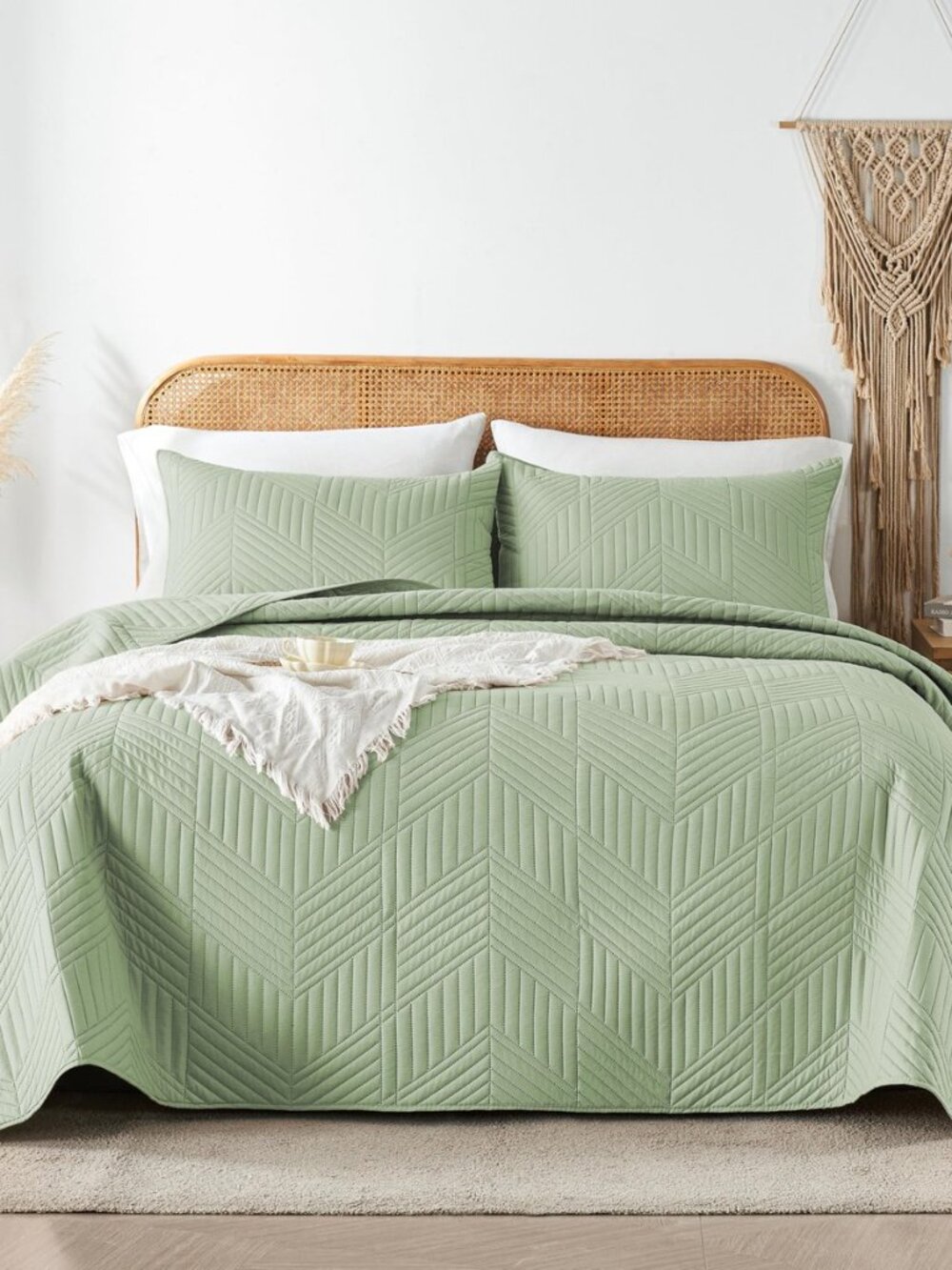 Queen Quilt Bedding Set,Sage Green Ultrasonic Full/Queen Quilt Set Reversible